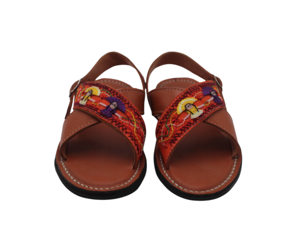 3 Huarache de Piel Tradicional Cruzado con Bordado Deshilado de la Danza de la Pluma