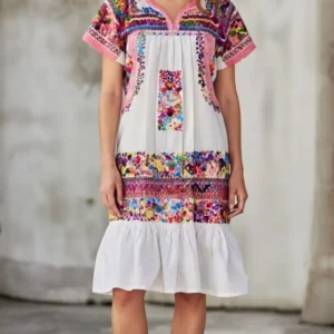 Vestido Bordado y deshilado a mano en hilos (Multicolor)