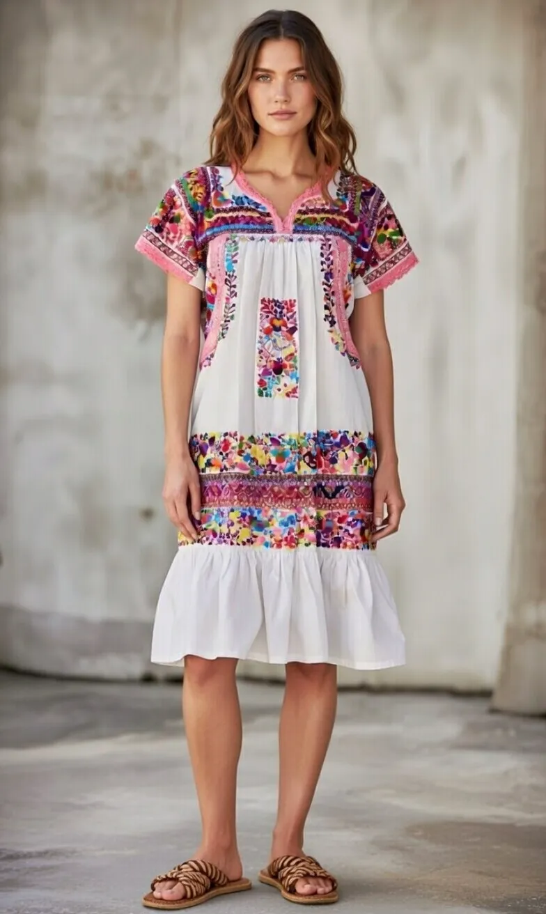 image Vestido Bordado y deshilado a mano en hilos (Multicolor)