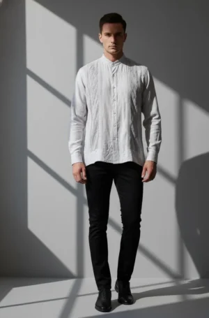 c1girsm Camisa de Lino Cuello Sport con Bordado en Seda – Gris