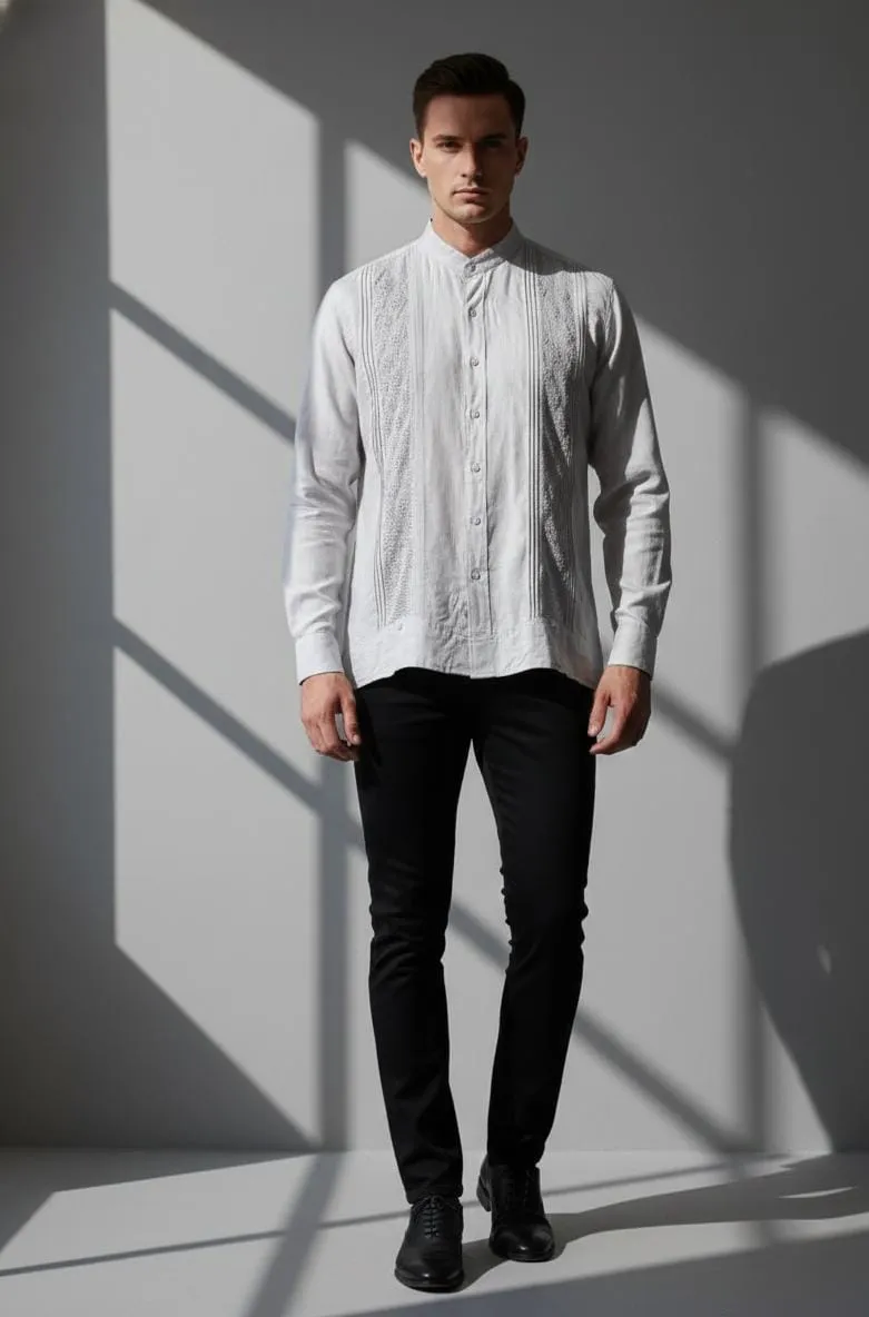 Camisa de Lino Cuello Sport con Bordado en Seda – Gris