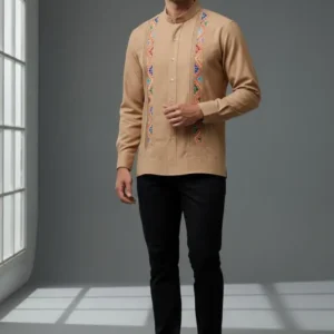 Camisa Cuello Mao Bordada Slim – Caqui