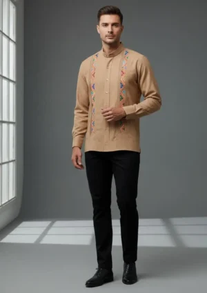 c2kaki Camisa Cuello Mao Bordada Slim – Caqui