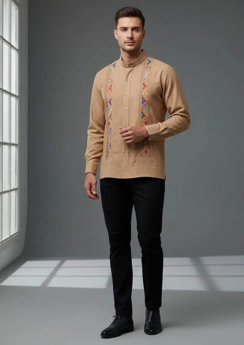 Camisa Cuello Mao Bordada Slim – Caqui