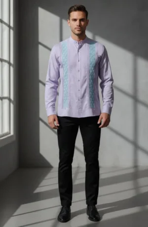 c3model Camisa Cuello Mao Slim en Algodón – Azul y Lila