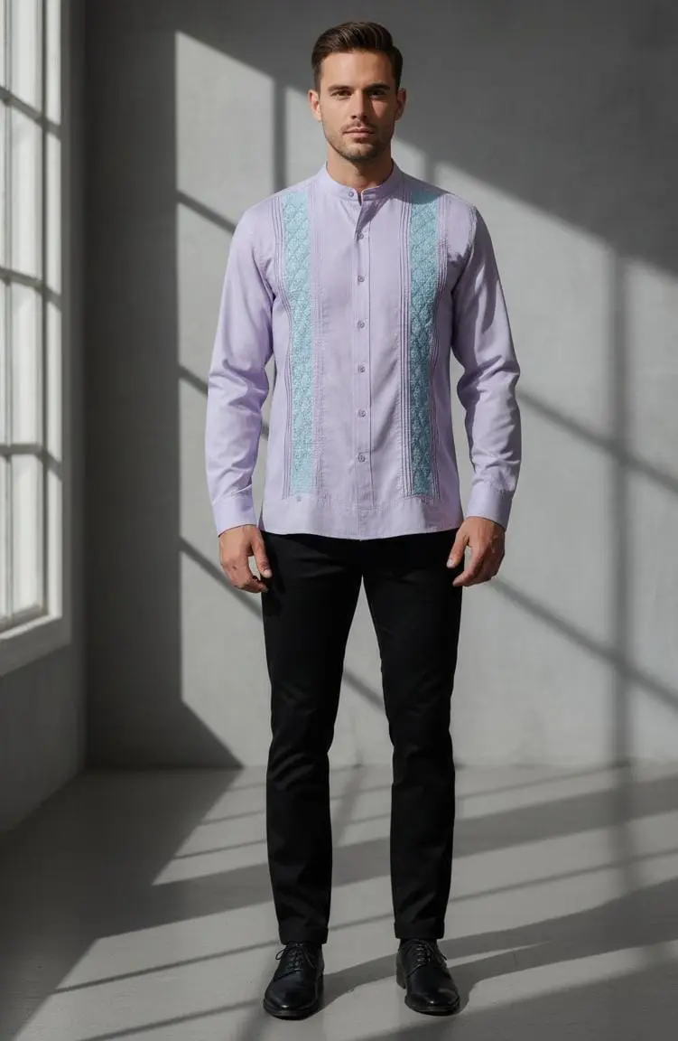 Camisa Cuello Mao Slim en Algodón – Azul y Lila