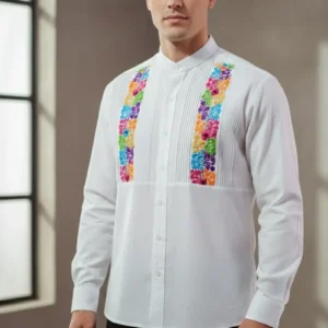 Camisa Cuello Mao Bordada Slim – Blanca Multicolor