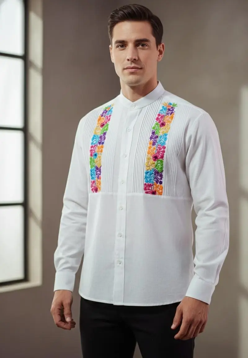 Camisa Cuello Mao Bordada Slim – Blanca Multicolor