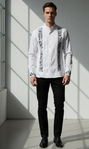 camgris Camisa Cuello Mao Bordada Slim – Tonos Grises