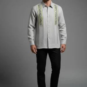 Camisa de Lino Bordada Cuello Sport – Gris