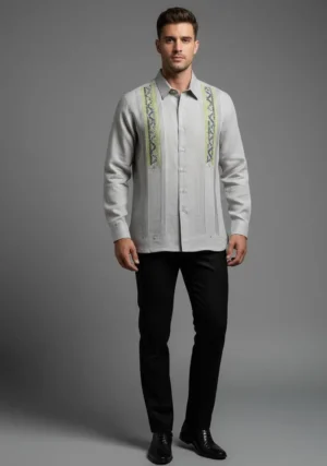 camisagrismodel Camisa de Lino Bordada Cuello Sport – Gris
