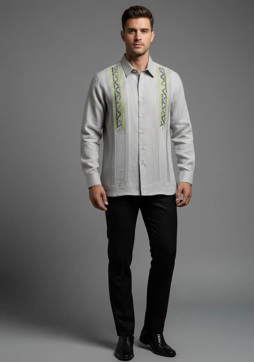 Camisa de Lino Bordada Cuello Sport – Gris