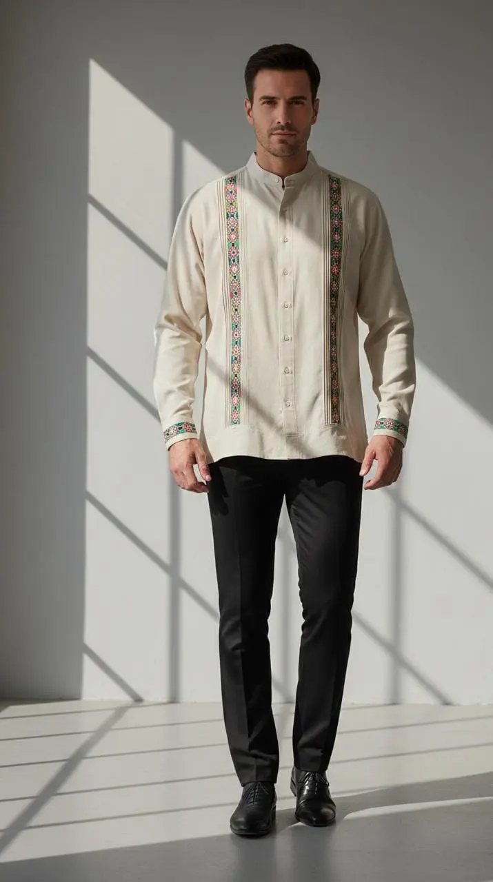 Camisa Cuello Mao Bordada Slim – Multicolor