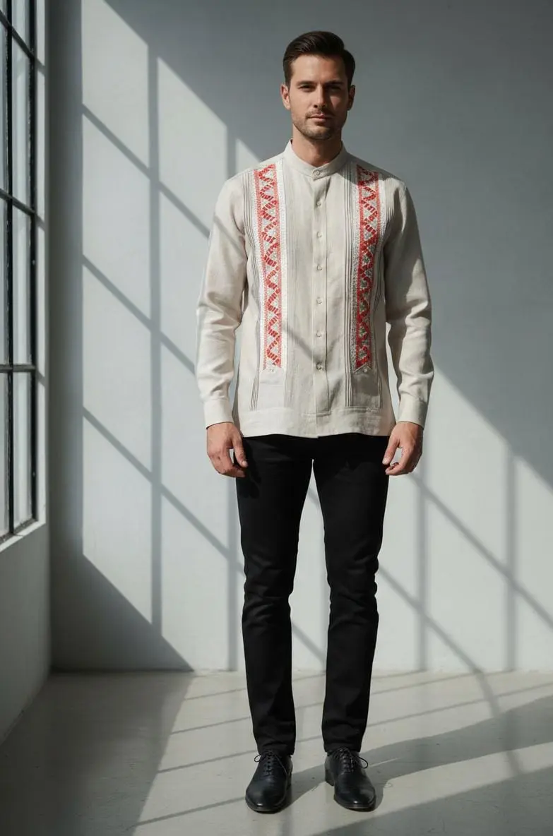 Camisa Cuello Mao en Seda – Naranja y Blanco