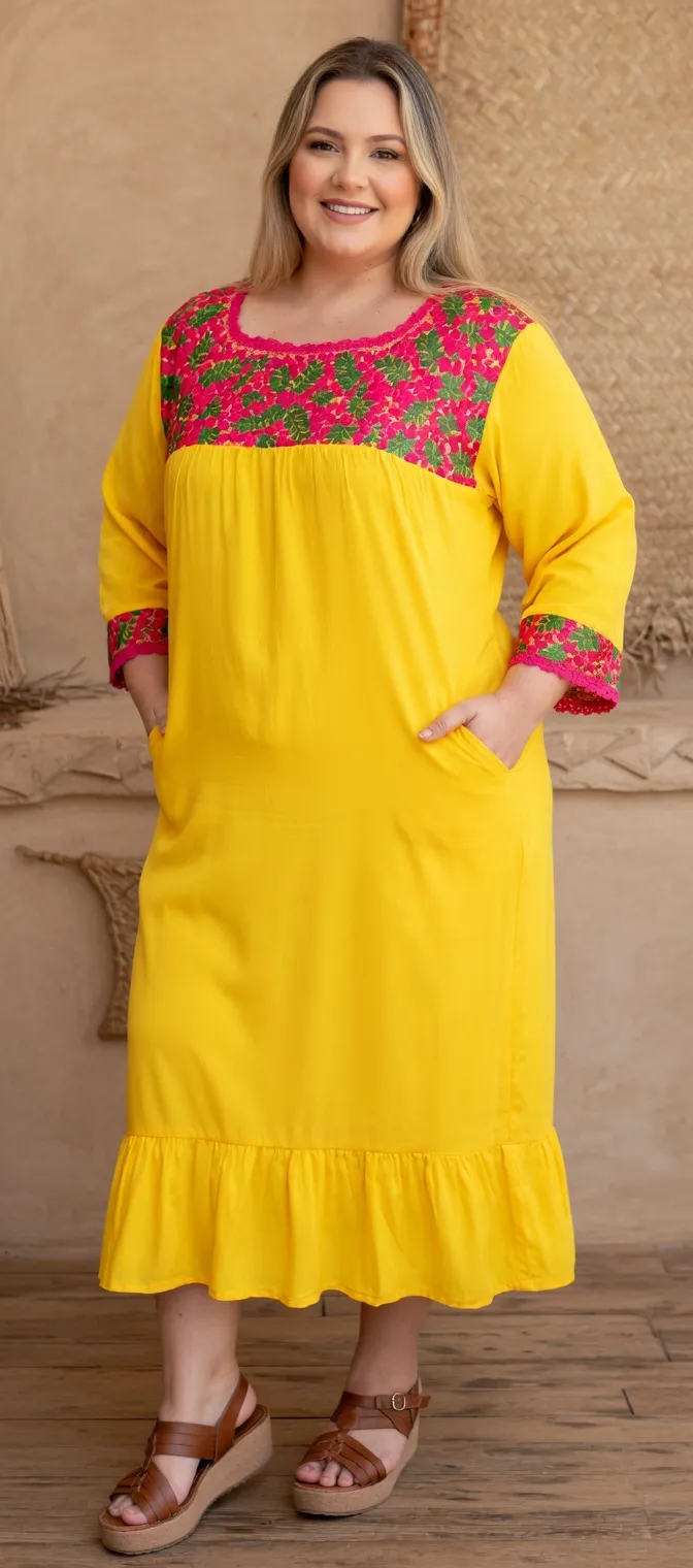 vestido basico cajon y puño bordado de valles de Ocotlán