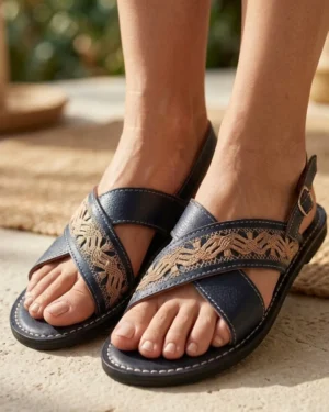 Huarache de Piel Tradicional Cruzado con Bordado Deshilado Nacional