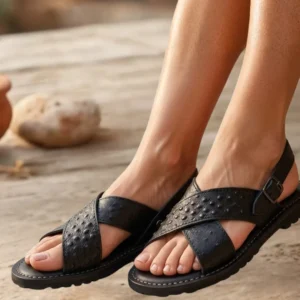 Huarache Artesanal de Piel con Textura de Avestruz Color Negro