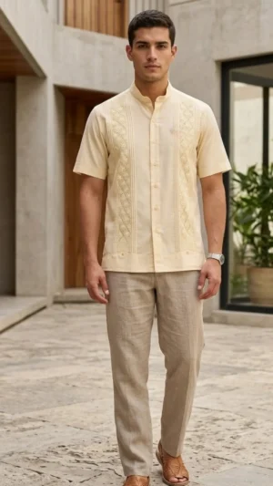 Guayabera manga corta con randa de semilla