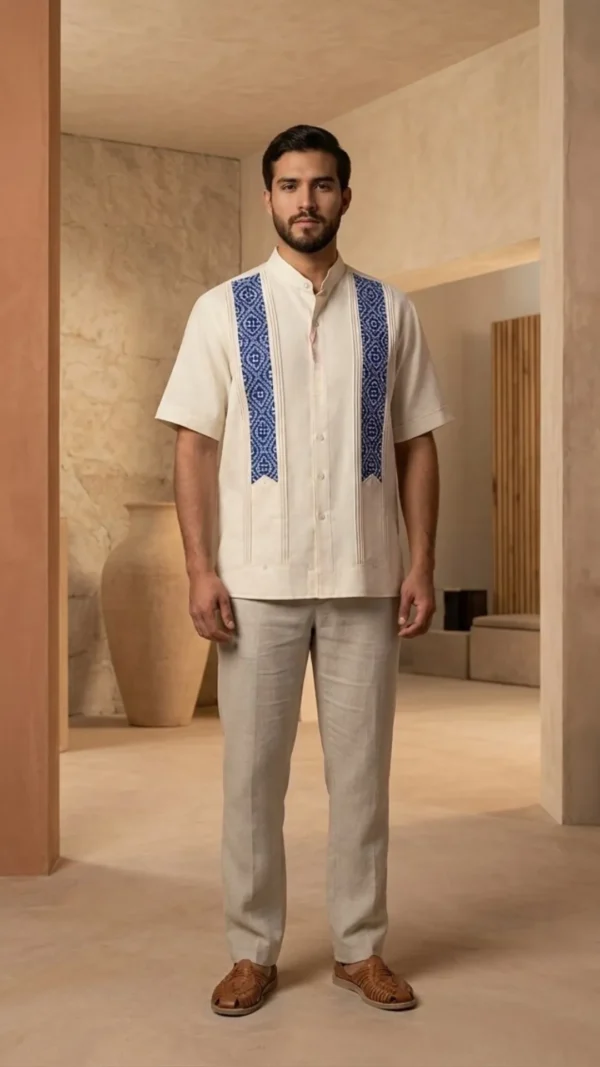 Guayabera bordada en punto de cruz a mano con alforjas