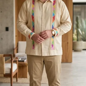 Guayabera Bordada a Mano en Punto de Cruz de Algodón – Cuello Sport