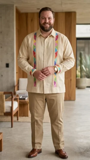 Guayabera Bordada a Mano en Punto de Cruz de Algodón – Cuello Sport