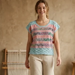 Blusa de telar con tiras de deshilado enfrente