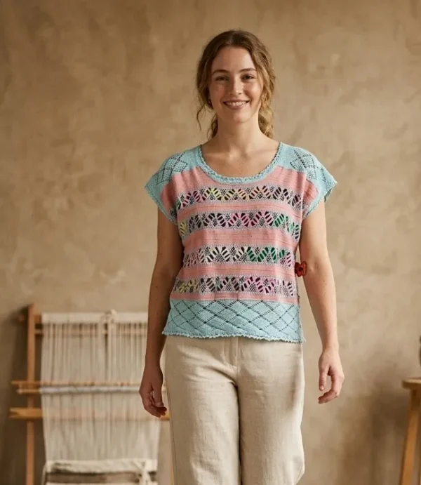 Blusa de telar con tiras de deshilado enfrente