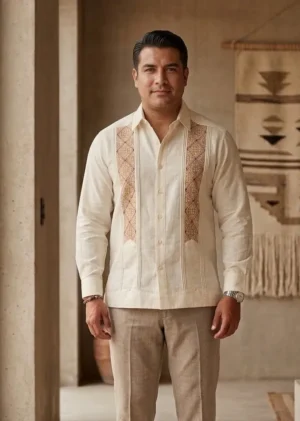 Guayabera en punto de cruz hecha a mano con cuello sport