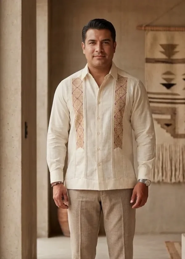 ima10 Guayabera en punto de cruz hecha a mano con cuello sport