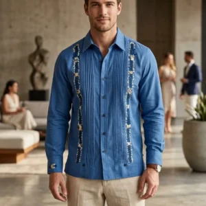 Guayabera de lino con algodón manga larga bordada a mano