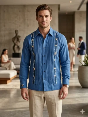 Guayabera de lino con algodón manga larga bordada a mano