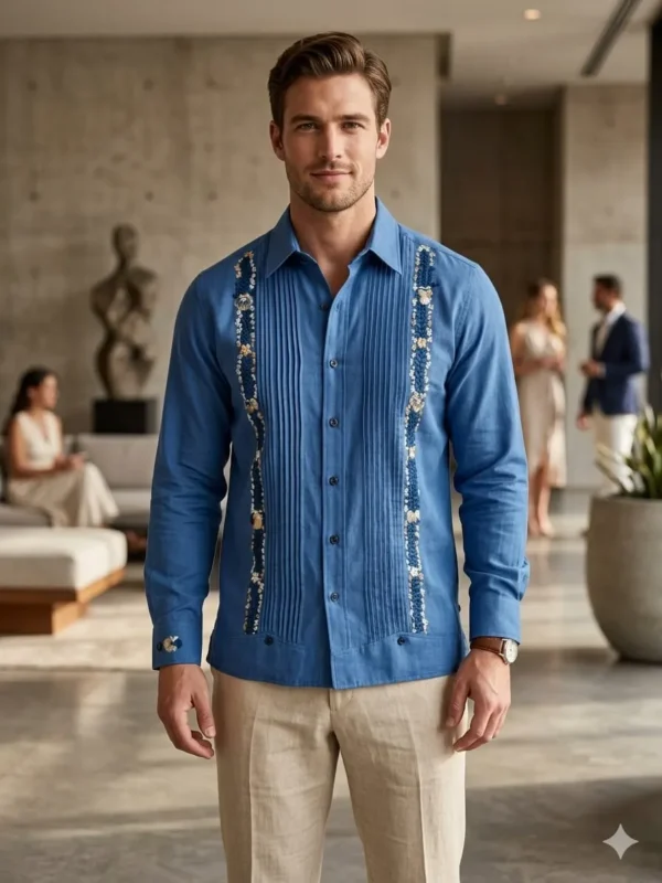 Guayabera de lino con algodón manga larga bordada a mano