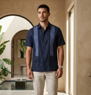 Guayabera bordada en punto de cruz a mano cuello sport
