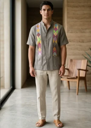 Guayabera de Algodón Jaspeado Bordada a Mano en Punto de Cruz – Cuello Mao