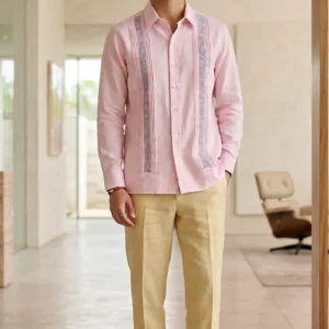 Camisa 100% lino natural con deshilado fino en tonos pasteles