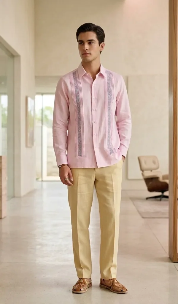 Camisa 100% lino natural con deshilado fino en tonos pasteles