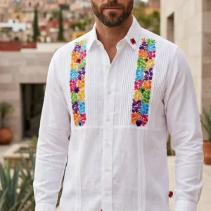 Guayabera bordada en flor pequeña multicolor