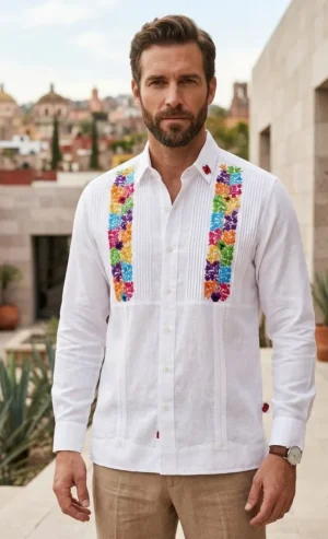 Guayabera bordada en flor pequeña multicolor