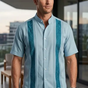 Camisa manga corta de lino Siena con randa de semilla a mano