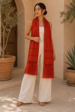Rebozo artesanal de seda Rojo Terracota