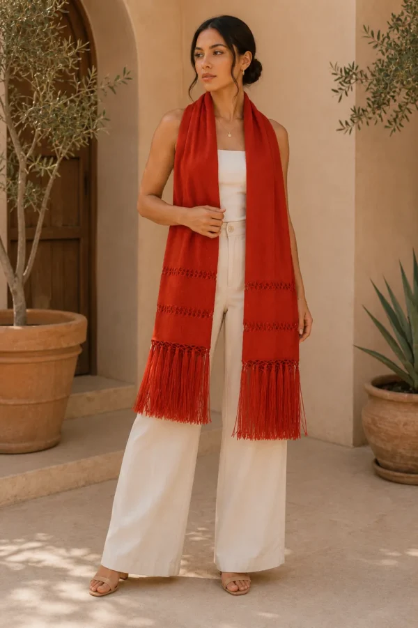 Rebozo artesanal de seda Rojo Terracota