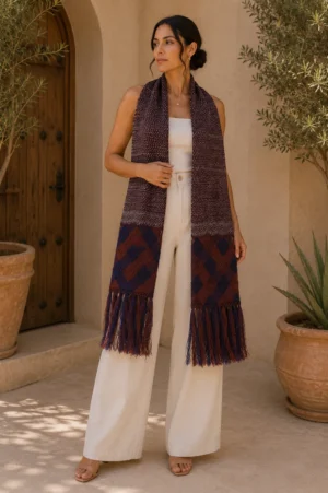Rebozo de Seda Vino con Azul Marino