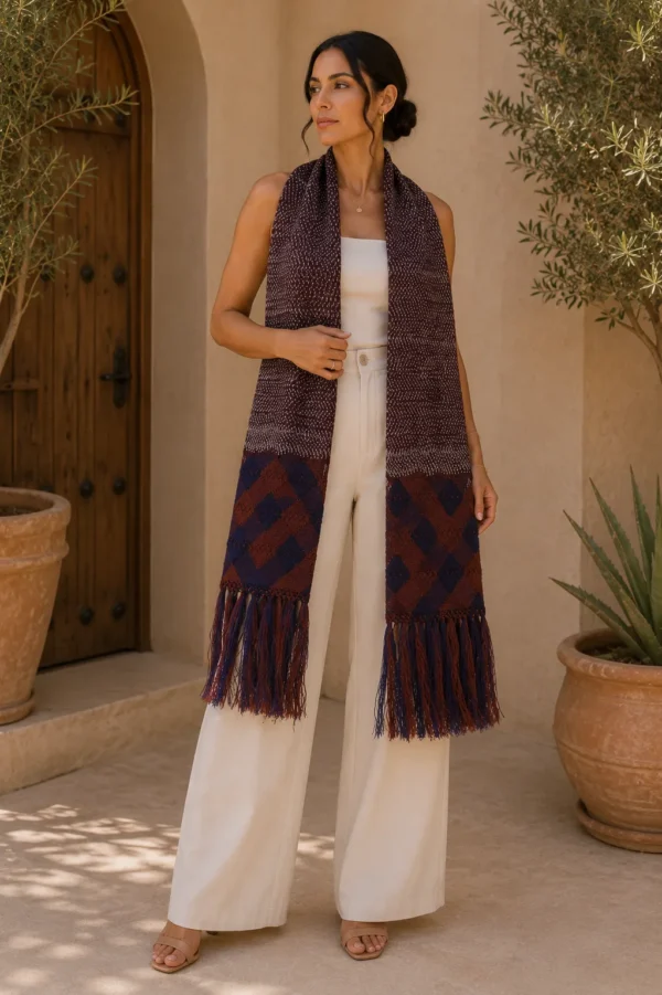 Rebozo de Seda Vino con Azul Marino