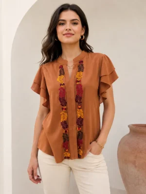 Blusa Toque de Seda Bordado Pensamientos