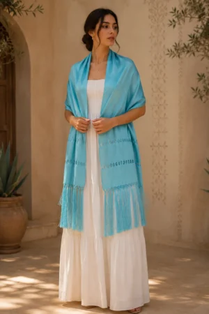 Rebozo artesanal de seda Azul Turquesa