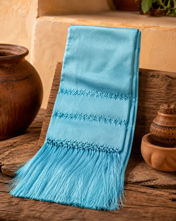 Rebozo artesanal de seda Azul Turquesa