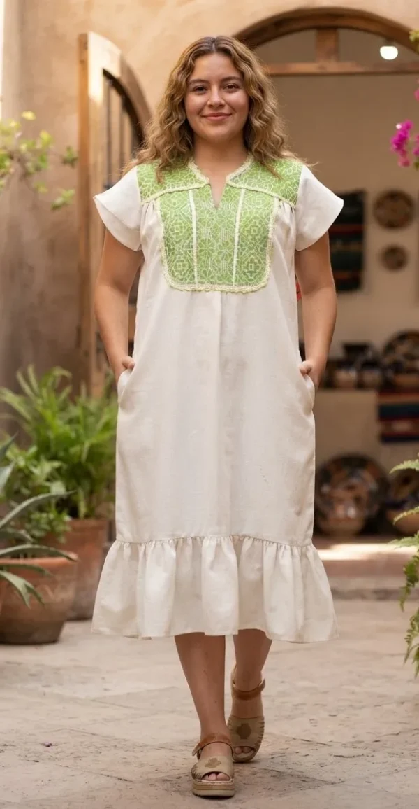 Vestido bordado verde tierno punto de cruz