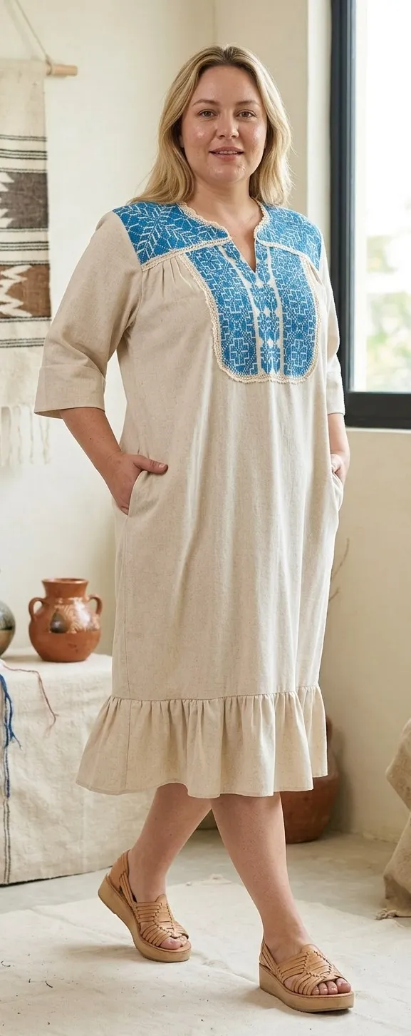 Vestido lino beige  con bordado azul turquesa