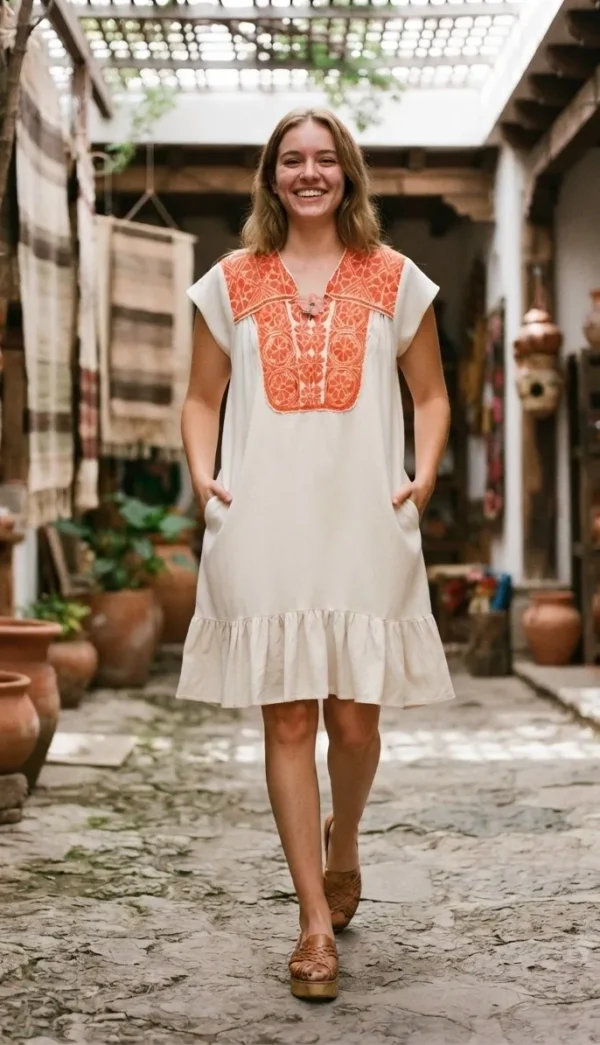 Vestido bordado naranja punto de cruz