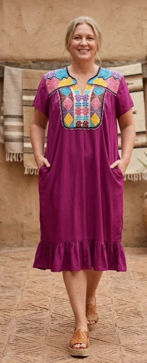 12lk Vestido punto de cruz bugambilia con bordado de colores